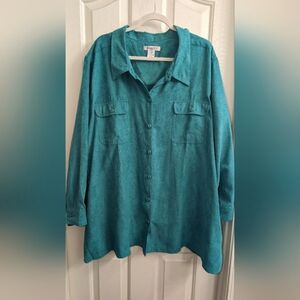 4X Roaman's Sea Green Button Up Long Sleeve Blouse